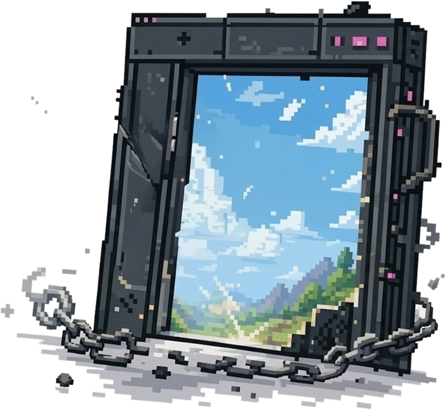 Pixel-art gate with broken chains opening to a bright sky